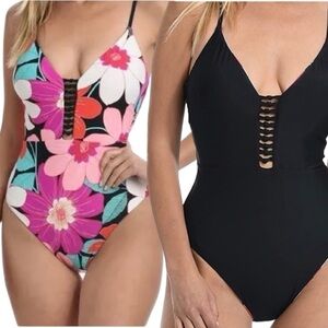La BLANCA - Swimsuit Tummy Control Reversible Plunge One Piece Floral & Black 10